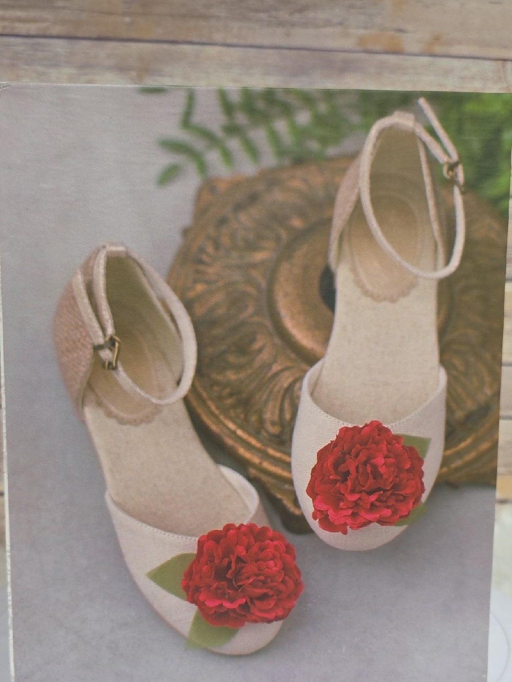 Joyfolie Cream Ankle-Strap Flats with Red Flower